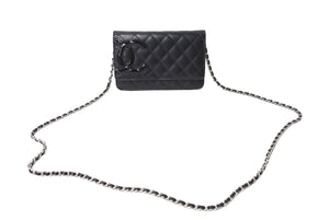 極美品 CHANEL シャネル カンボンライン A46646 チェーンウォレット ショルダー 黒 黒 19番台 ブラック シルバー金具 中古 65949
