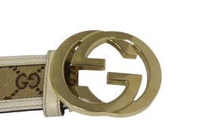 GUCCI グッチ ベルト インターロッキング GGバックルベルト 214351 サイズ95 ベージュ ホワイト ゴールド金具 美品 中古 66079