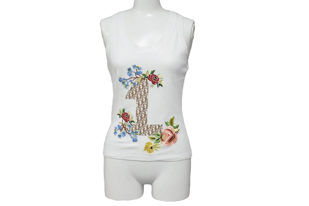 極美品 Christian Dior クリスチャンディオール タンクトップ サイズ36 ガリアーノ期 1番 花柄刺繍 5E16155961 ホワイト 中古 66147