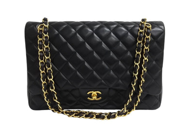 極美品 CHANEL シャネル シングルフラップ チェーンショルダーバッグ デカマトラッセ 33cm 13番台 ラムスキン ブラック シルバー 中古 66165
