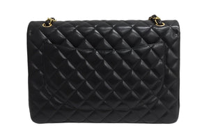 極美品 CHANEL シャネル シングルフラップ チェーンショルダーバッグ デカマトラッセ 33cm 13番台 ラムスキン ブラック シルバー 中古 66165