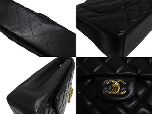 極美品 CHANEL シャネル シングルフラップ チェーンショルダーバッグ デカマトラッセ 33cm 13番台 ラムスキン ブラック シルバー 中古 66165