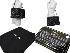 極美品 CHANEL シャネル シングルフラップ チェーンショルダーバッグ デカマトラッセ 33cm 13番台 ラムスキン ブラック シルバー 中古 66165