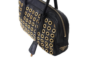 PRADA プラダ スタッズ ミニ ハンドバッグ トートバッグ イタリア製 レザー メタル ブラック ゴールド金具 良品 中古 66174 