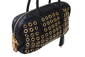 PRADA プラダ スタッズ ミニ ハンドバッグ トートバッグ イタリア製 レザー メタル ブラック ゴールド金具 良品 中古 66174 