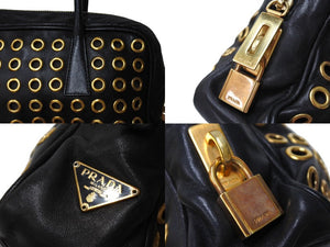 PRADA プラダ スタッズ ミニ ハンドバッグ トートバッグ イタリア製 レザー メタル ブラック ゴールド金具 良品 中古 66174 