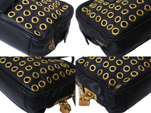 PRADA プラダ スタッズ ミニ ハンドバッグ トートバッグ イタリア製 レザー メタル ブラック ゴールド金具 良品 中古 66174 