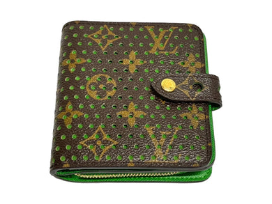 極美品 LOUIS VUITTON ルイヴィトン 二つ折り財布 コンパクトジップ ブラウン グリーン M95218 ゴールド金具 中古 66184