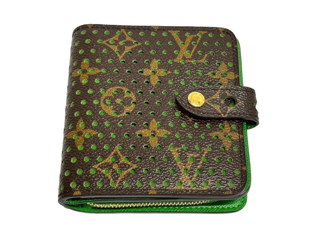 極美品 LOUIS VUITTON ルイヴィトン 二つ折り財布 コンパクトジップ ブラウン グリーン M95218 ゴールド金具 中古 66184