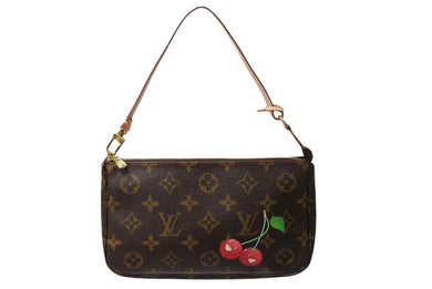 極美品 LOUIS VUITTON ルイヴィトン 村上隆 モノグラム チェリー ポシェット アクセソワール アクセポ ブラウン ロゴ M95008 中古 66278