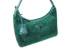 未使用 PRADA プラダ ホーボー ハンドバッグ クリスタルサテン ミニバッグ グリーン 1BC515 中古 66301 