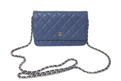 極美品 CHANEL シャネル WOC チェーンウォレット 二つ折り財布 19番台 ココマーク キャビアスキン ブルーグレー シルバー金具 中古 66305