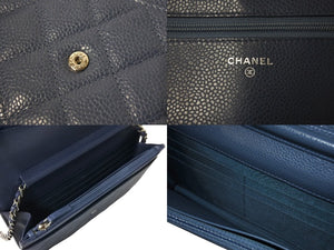 極美品 CHANEL シャネル WOC チェーンウォレット 二つ折り財布 19番台 ココマーク キャビアスキン ブルーグレー シルバー金具 中古 66305