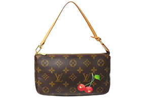 極美品 LOUIS VUITTON ルイヴィトン 村上隆 モノグラム チェリー ポシェット アクセソワール アクセポ ブラウン ロゴ M95008 中古 66314