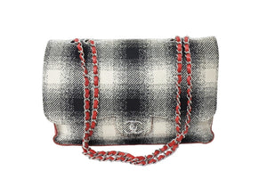 CHANEL シャネル シングルフラップ Wチェーンショルダーバッグ 18番台 ココマーク カーフスキン キャンバス ツイード 美品 中古 66318