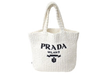 画像をギャラリービューアに読み込む, PRADA プラダ スモール クロシェ トートバッグ 1BG422 トライアングルロゴ ラフィア ホワイト ブラックロゴ 美品 中古 66324 