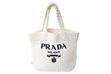PRADA プラダ スモール クロシェ トートバッグ 1BG422 トライアングルロゴ ラフィア ホワイト ブラックロゴ 美品 中古 66324 