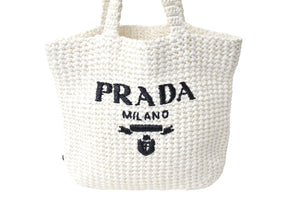 PRADA プラダ スモール クロシェ トートバッグ 1BG422 トライアングルロゴ ラフィア ホワイト ブラックロゴ 美品 中古 66324 
