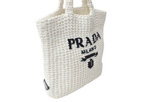 画像をギャラリービューアに読み込む, PRADA プラダ スモール クロシェ トートバッグ 1BG422 トライアングルロゴ ラフィア ホワイト ブラックロゴ 美品 中古 66324 