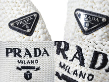 画像をギャラリービューアに読み込む, PRADA プラダ スモール クロシェ トートバッグ 1BG422 トライアングルロゴ ラフィア ホワイト ブラックロゴ 美品 中古 66324 