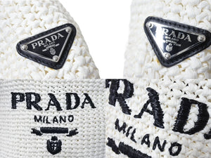 PRADA プラダ スモール クロシェ トートバッグ 1BG422 トライアングルロゴ ラフィア ホワイト ブラックロゴ 美品 中古 66324 