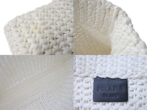 PRADA プラダ スモール クロシェ トートバッグ 1BG422 トライアングルロゴ ラフィア ホワイト ブラックロゴ 美品 中古 66324 