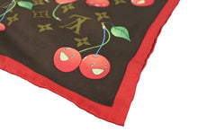 画像をギャラリービューアに読み込む, 新品同様 LOUIS VUITTON ルイヴィトン スカーフ 村上 隆 モノグラムチェリー M71962 シルク ブラウン レッド 中古 66330