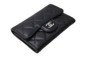 CHANEL シャネル カードケース ココマーク フラップ 25番台 ラムスキン マトラッセ シルバー金具 ブラック 美品 中古 66335