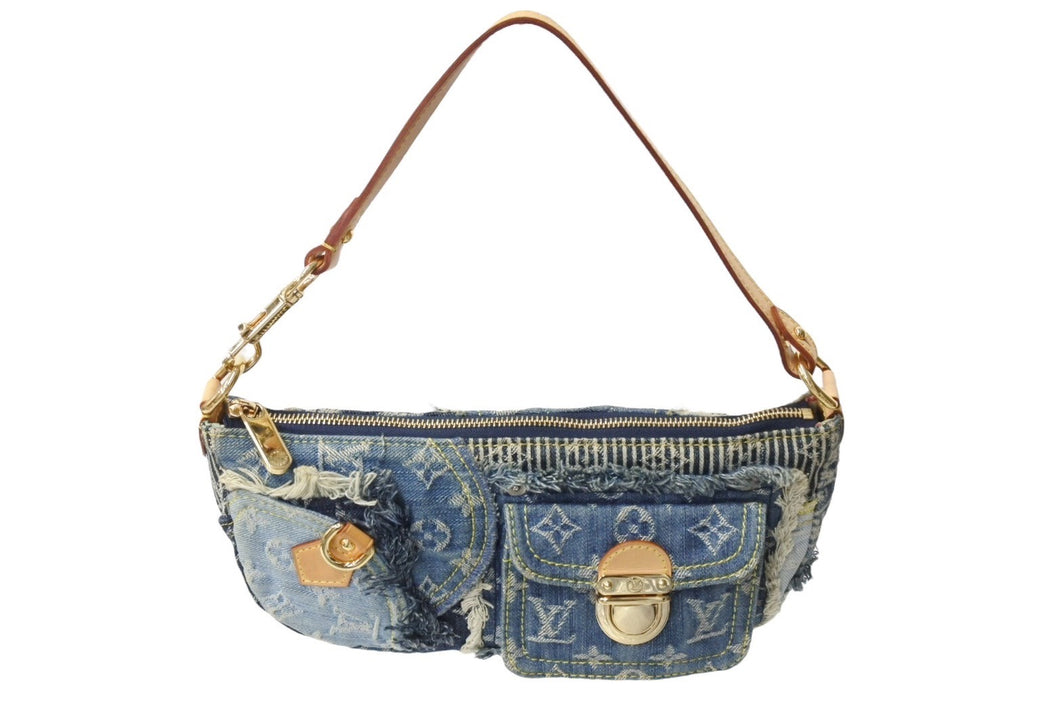 極美品 LOUISVUITTON ルイヴィトン パウチィ ワンショルダーバッグ M95382 パッチワーク モノグラムデニム ブルー 中古 66403