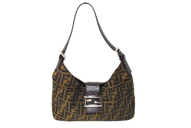 FENDI フェンディ ワンショルダーバッグ ズッカ柄 マンマバケット キャンバス レザー シルバー金具 ブラウン 美品 中古 66424 