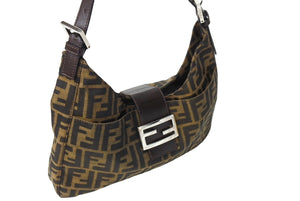 FENDI フェンディ ワンショルダーバッグ ズッカ柄 マンマバケット キャンバス レザー シルバー金具 ブラウン 美品 中古 66424 