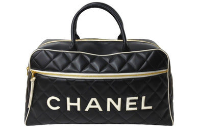 CHANEL シャネル ボストンバッグ 3番台 キルティング ブラック ホワイト ロゴ カーフスキン ゴールド金具 美品 中古 66426