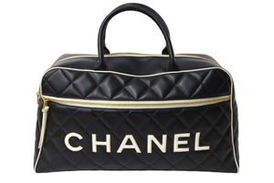 CHANEL シャネル ボストンバッグ 3番台 キルティング ブラック ホワイト ロゴ カーフスキン ゴールド金具 美品 中古 66426