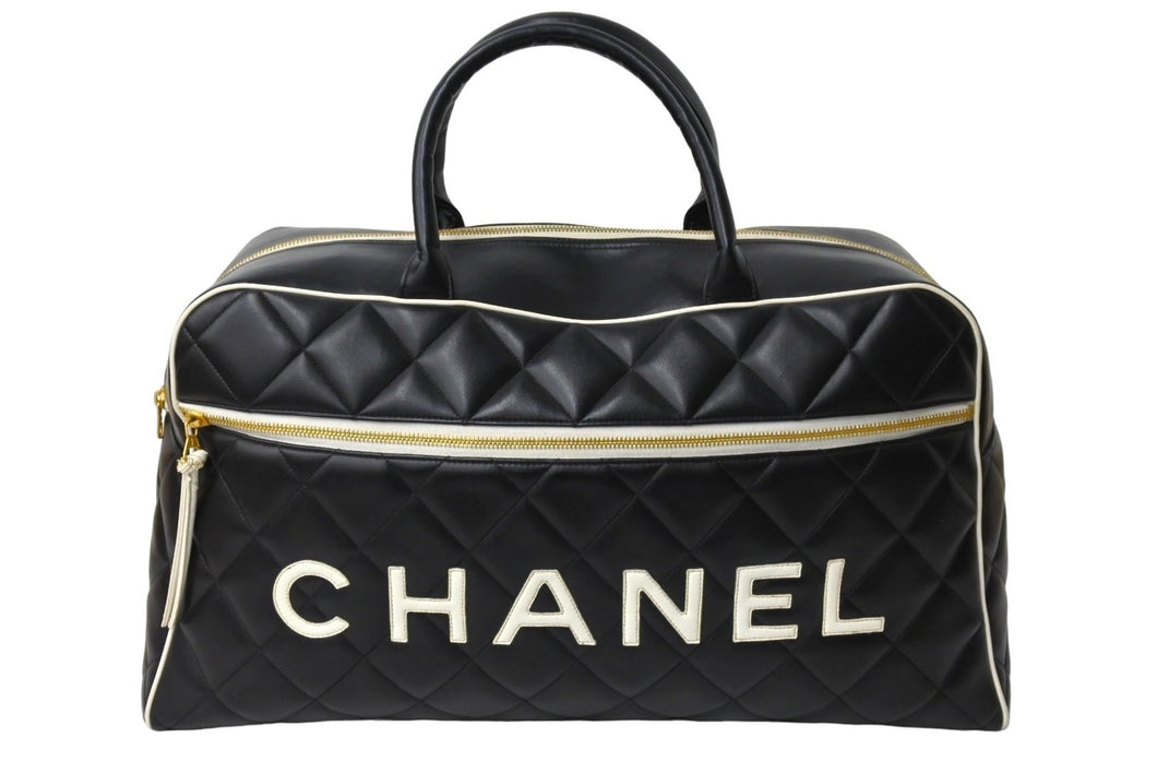 CHANEL シャネル ボストンバッグ 3番台 キルティング ブラック ホワイト ロゴ カーフスキン ゴールド金具 美品 中古 66426