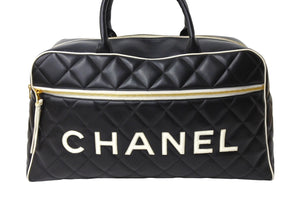 CHANEL シャネル ボストンバッグ 3番台 キルティング ブラック ホワイト ロゴ カーフスキン ゴールド金具 美品 中古 66426
