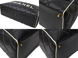 CHANEL シャネル ボストンバッグ 3番台 キルティング ブラック ホワイト ロゴ カーフスキン ゴールド金具 美品 中古 66426