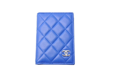 CHANEL シャネル カードケース 22番台 ココマーク ラムスキン キルティング ブルー シルバー金具 美品 中古 66427