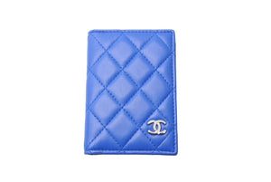 CHANEL シャネル カードケース 22番台 ココマーク ラムスキン キルティング ブルー シルバー金具 美品 中古 66427