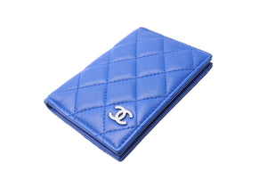 CHANEL シャネル カードケース 22番台 ココマーク ラムスキン キルティング ブルー シルバー金具 美品 中古 66427