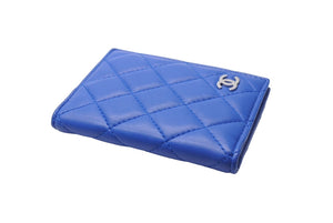 CHANEL シャネル カードケース 22番台 ココマーク ラムスキン キルティング ブルー シルバー金具 美品 中古 66427