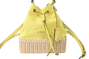 極美品 PRADA プラダ プラージュ ウィッカー ハンドバッグ ショルダーバッグ 2WAY 1BE039 トライアングルロゴ イエロー ベージュ 中古 66515 