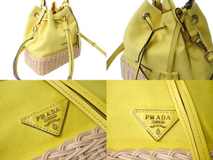 極美品 PRADA プラダ プラージュ ウィッカー ハンドバッグ ショルダーバッグ 2WAY 1BE039 トライアングルロゴ イエロー ベージュ 中古 66515 