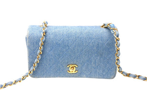 CHANEL シャネル デニム チェーン ミニ ショルダーバッグ ブルー フルフラップ ココマーク ロゴ ゴールド金具 美品 中古 66516