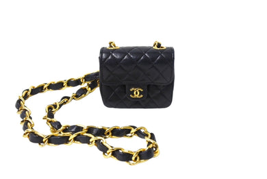 極美品 CHANEL シャネル CC ミニ ミニ マトラッセ バッグチャーム チェーン ベルト ブラック ゴールド ラムスキン ゴールド金具 ココマーク 小物 中古 66532