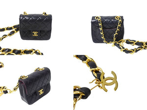 極美品 CHANEL シャネル CC ミニ ミニ マトラッセ バッグチャーム チェーン ベルト ブラック ゴールド ラムスキン ゴールド金具 ココマーク 小物 中古 66532