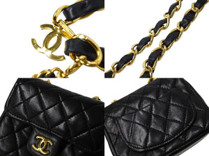 極美品 CHANEL シャネル CC ミニ ミニ マトラッセ バッグチャーム チェーン ベルト ブラック ゴールド ラムスキン ゴールド金具 ココマーク 小物 中古 66532