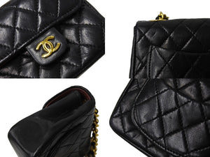 極美品 CHANEL シャネル CC ミニ ミニ マトラッセ バッグチャーム チェーン ベルト ブラック ゴールド ラムスキン ゴールド金具 ココマーク 小物 中古 66532