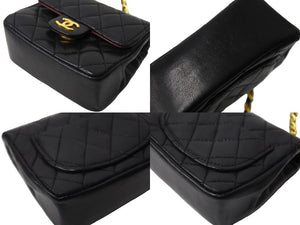 極美品 CHANEL シャネル CC ミニ ミニ マトラッセ バッグチャーム チェーン ベルト ブラック ゴールド ラムスキン ゴールド金具 ココマーク 小物 中古 66532