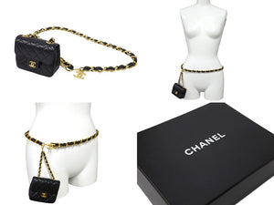 極美品 CHANEL シャネル CC ミニ ミニ マトラッセ バッグチャーム チェーン ベルト ブラック ゴールド ラムスキン ゴールド金具 ココマーク 小物 中古 66532