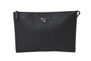 PRADA プラダ クラッチバッグ 2VN014 トライアングルプレート レザー シルバー金具 ブラック 美品 中古 66551